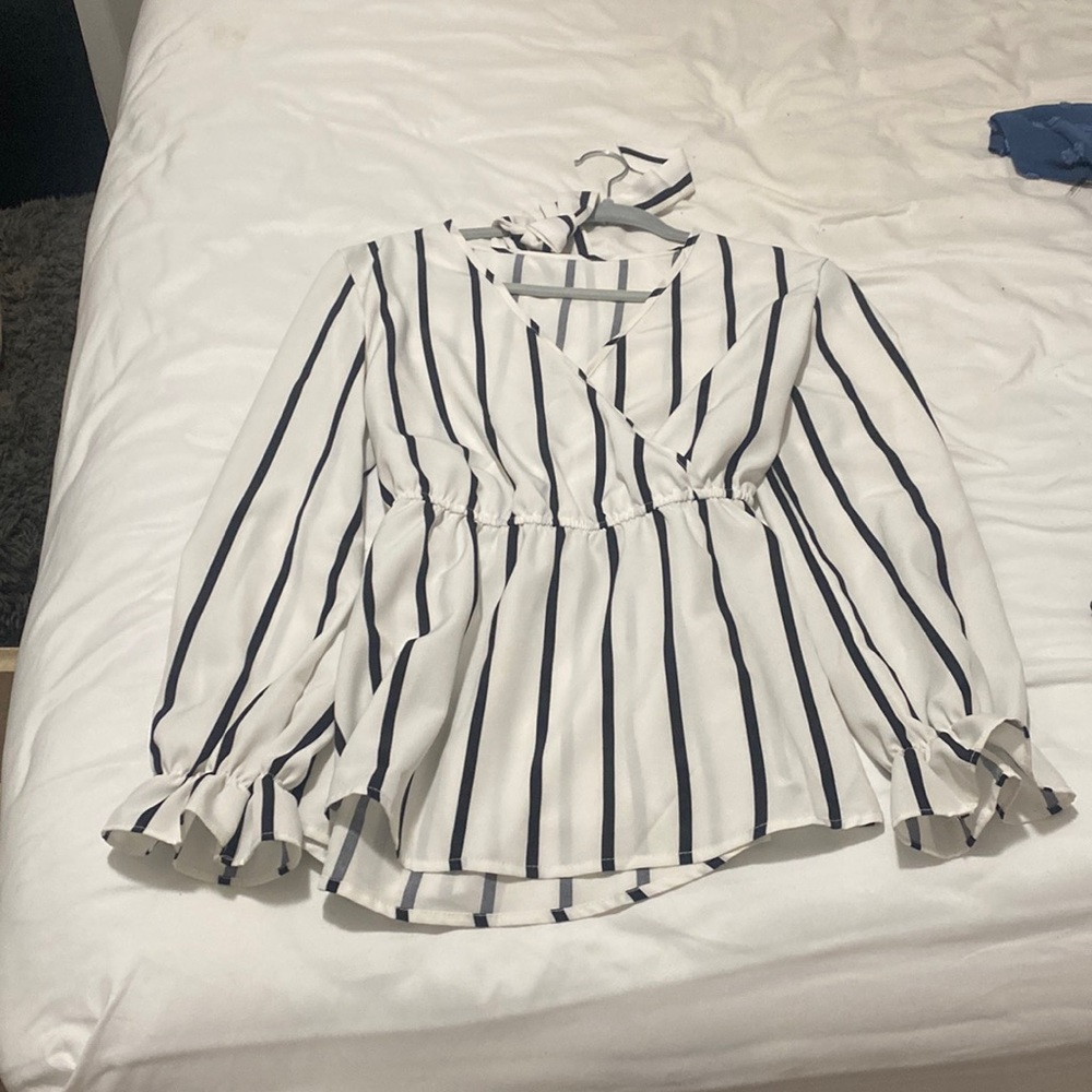 Long sleeve, vertical striped blouse with tie